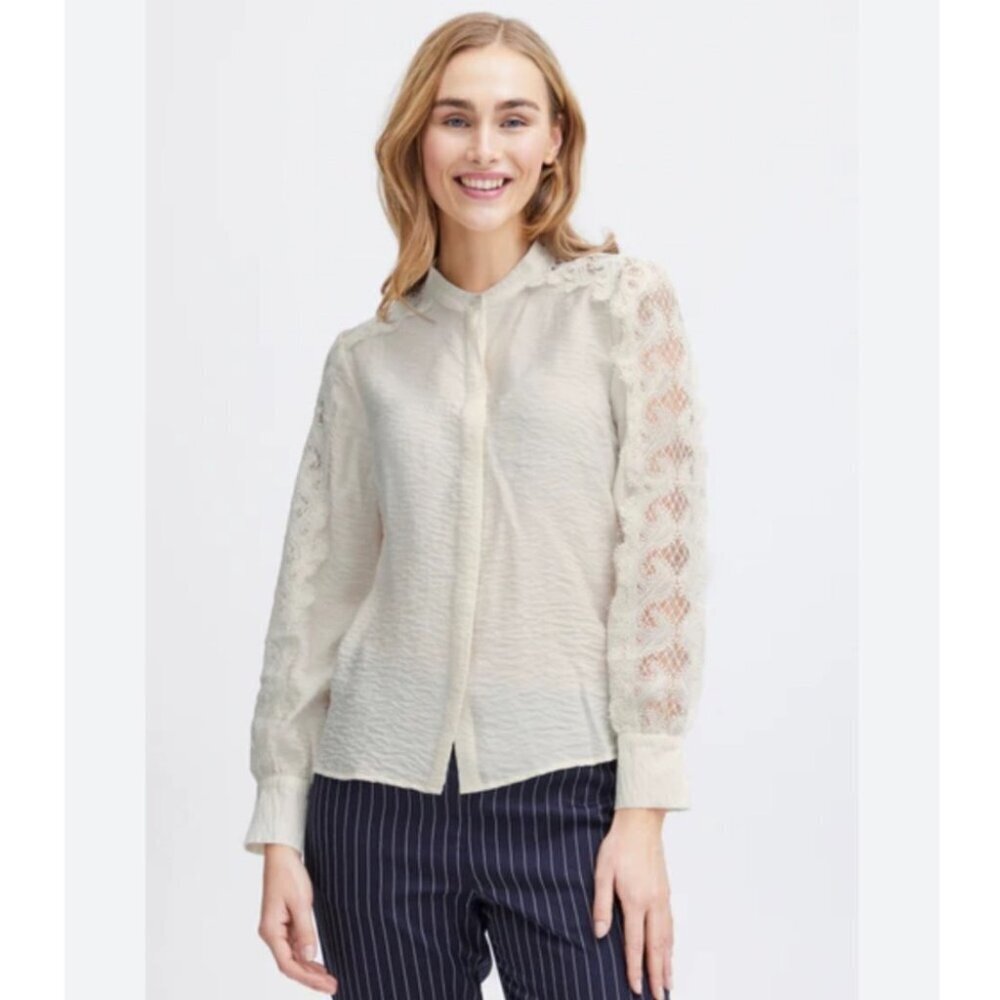 Fransa Blondie Embroidered Sleeve Blouse Arctic Wolf